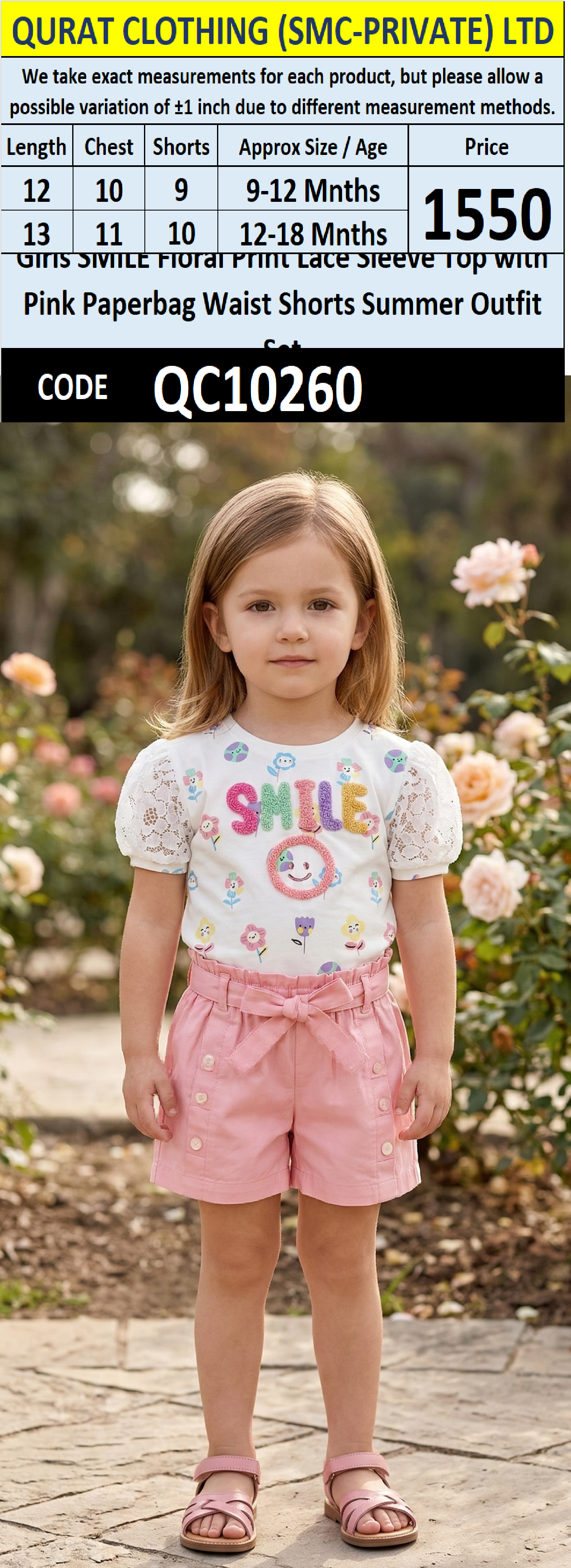 Girls SMILE Floral Print Lace Sleeve Top with Pink Paperbag Waist Shorts Summer Outfit Set – QC10260 - QC10260