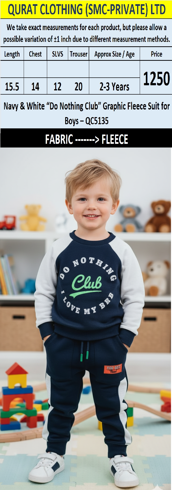 Navy & White “Do Nothing Club” Graphic Fleece Suit for Boys – QC5135