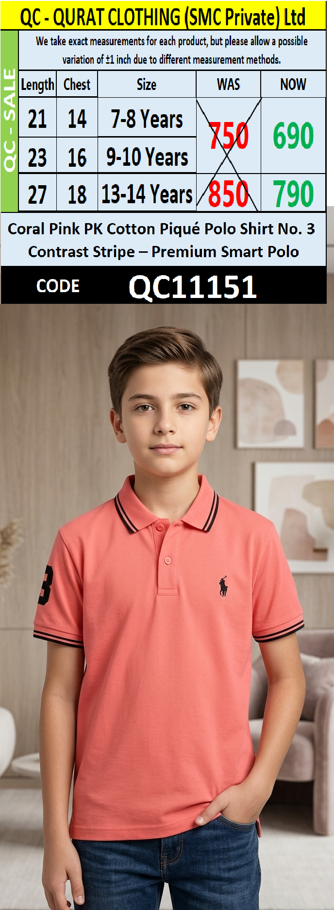 Coral Pink PK Cotton Piqué Polo Shirt No. 3 Contrast Stripe – Premium Smart Polo QC11151
