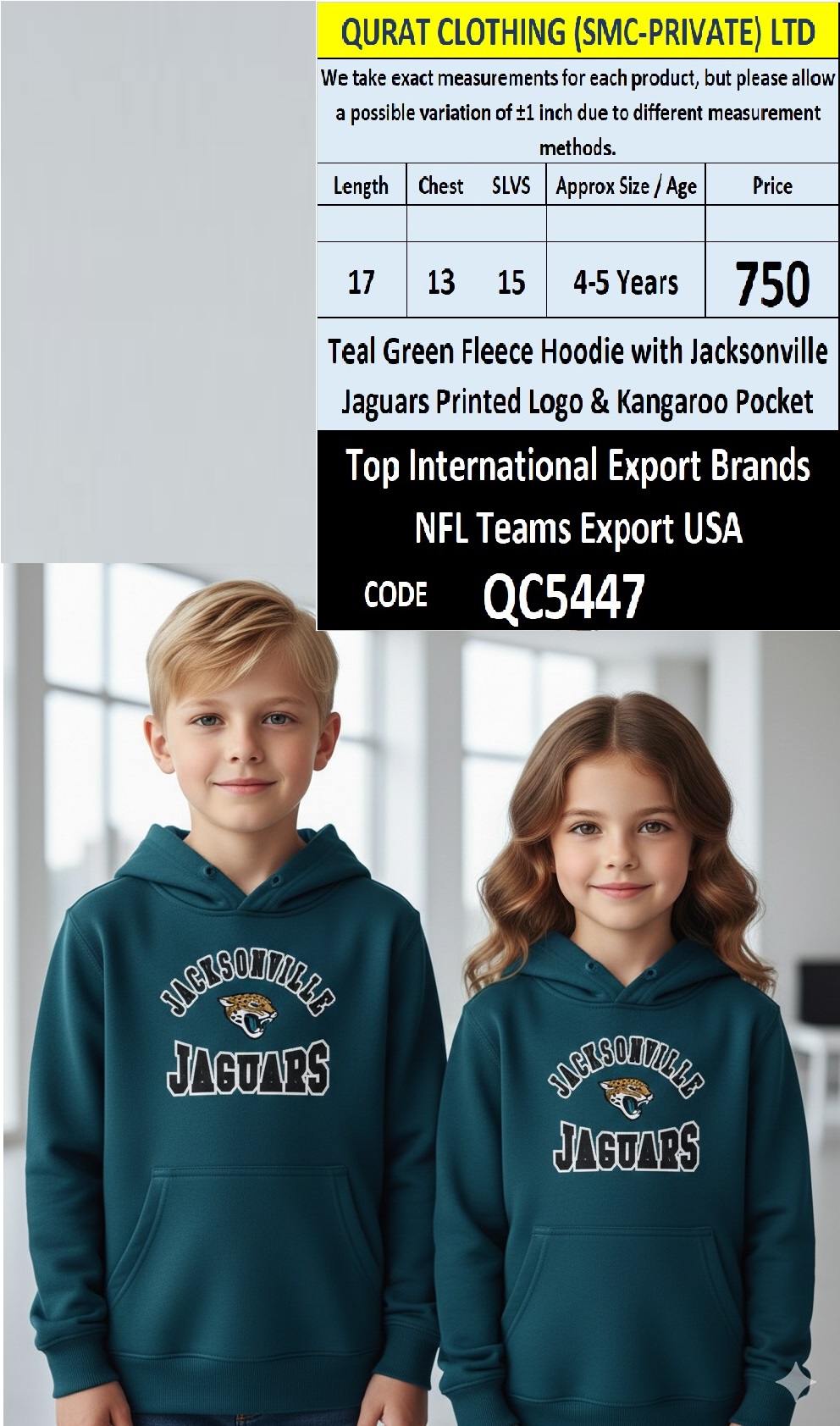 Teal Green Fleece Hoodie Jacksonville Jaguars Logo Print with Kangaroo Pocket – Export USA – QC5447