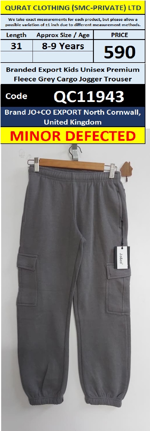 JO+CO Export North Cornwall, United Kingdom Branded Export Kids Unisex Premium Fleece Grey Cargo Jogger Trouser – Minor Defected – QC11943