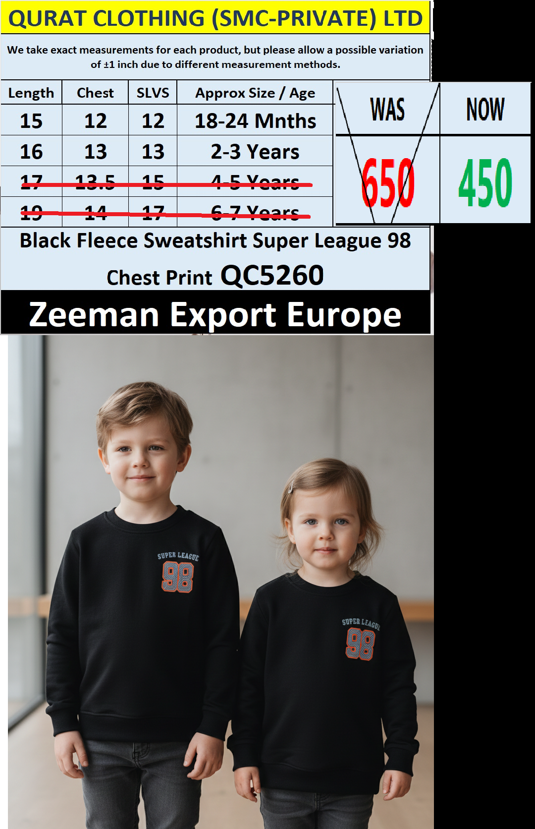 Zeeman Kids Black Fleece Sweatshirt “Super League 98” Chest Print – QC5260 – Export Europe
