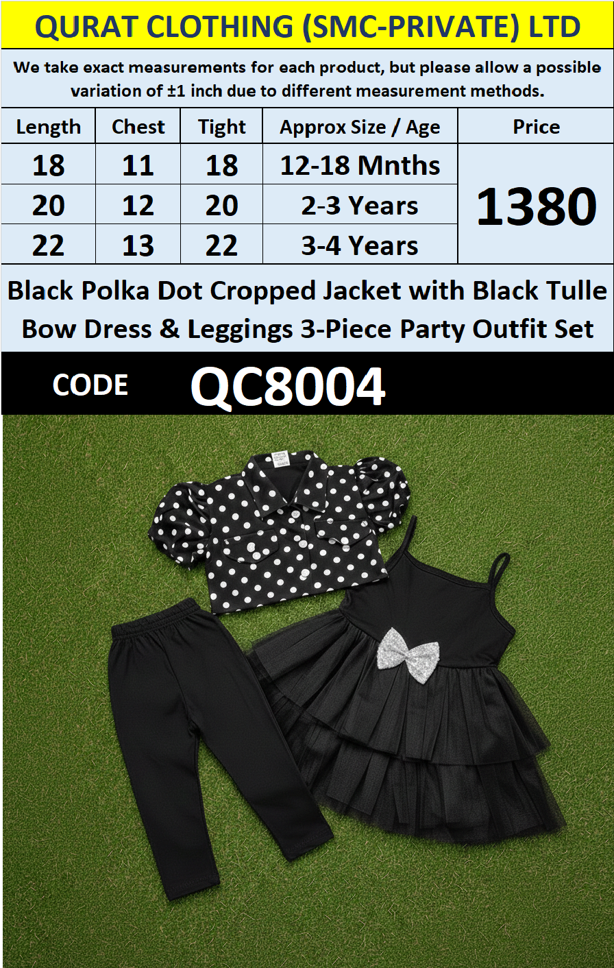 Black Polka Dot Cropped Jacket with Black Tulle Bow Dress & Leggings 3-Piece Party Outfit Set QC8004 - QC8004