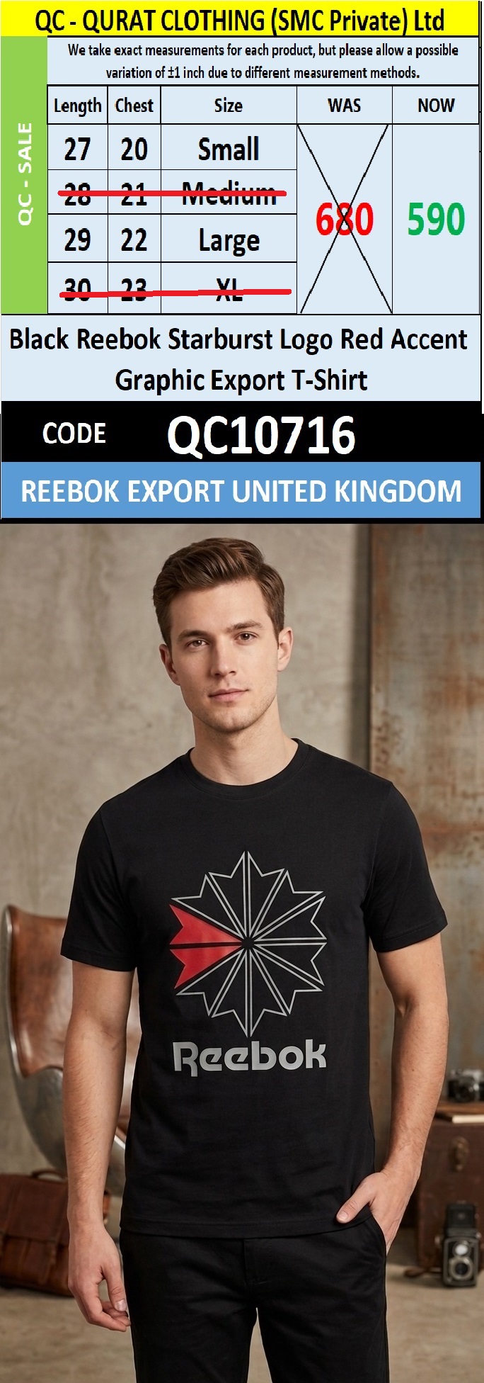 Black Reebok Starburst Logo Red Accent Graphic Export T-Shirt QC10716