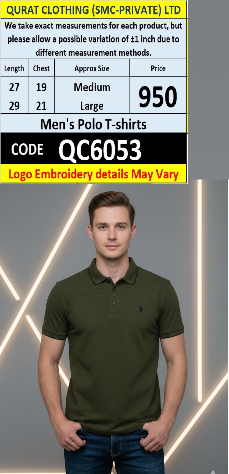 Olive Green Cotton Piqué Polo T-Shirt Embroidered Chest Logo Premium Collar – QC6053