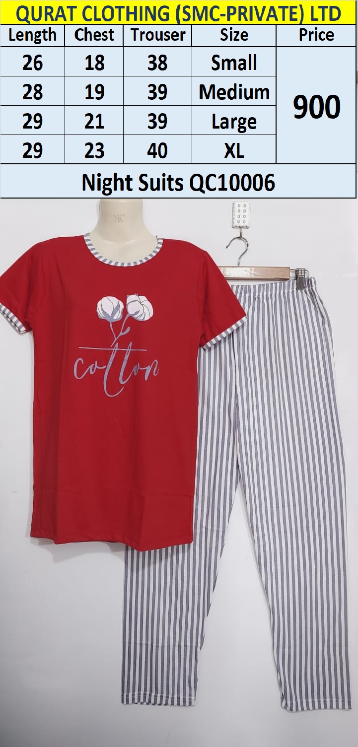 RED Cotton Ladies Night Suit QC10006