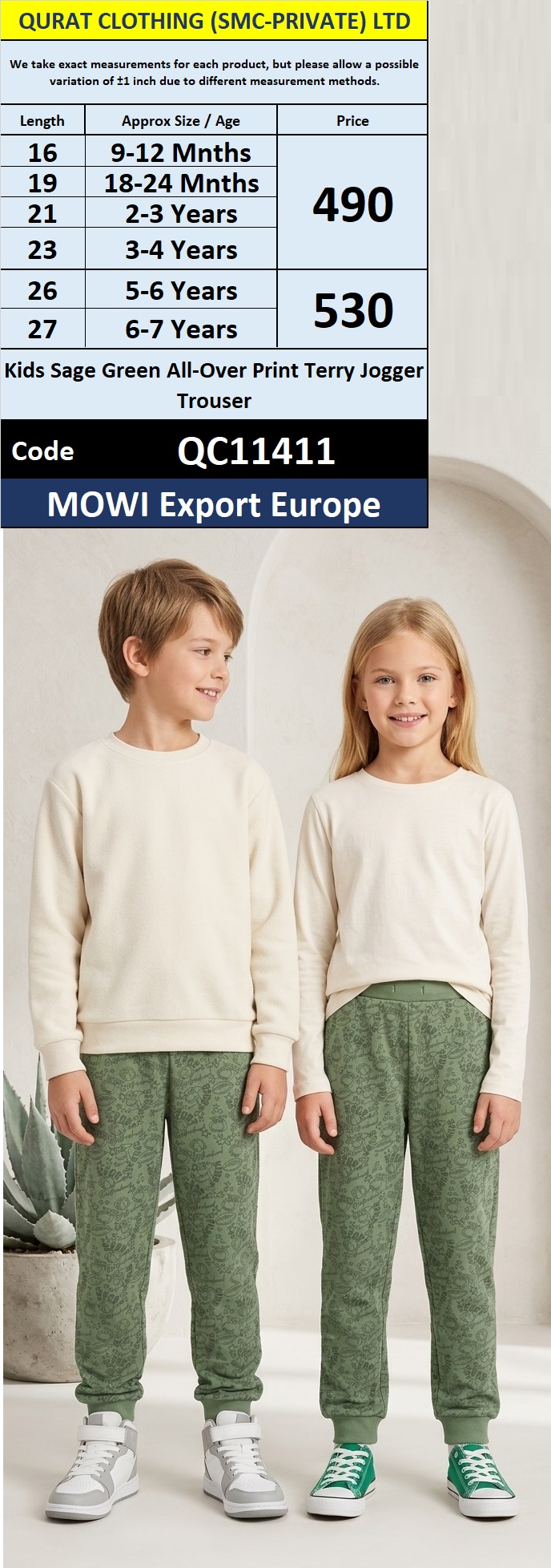 MOWI Export Europe Kids Sage Green All-Over Print Terry Jogger Trouser – QC11411