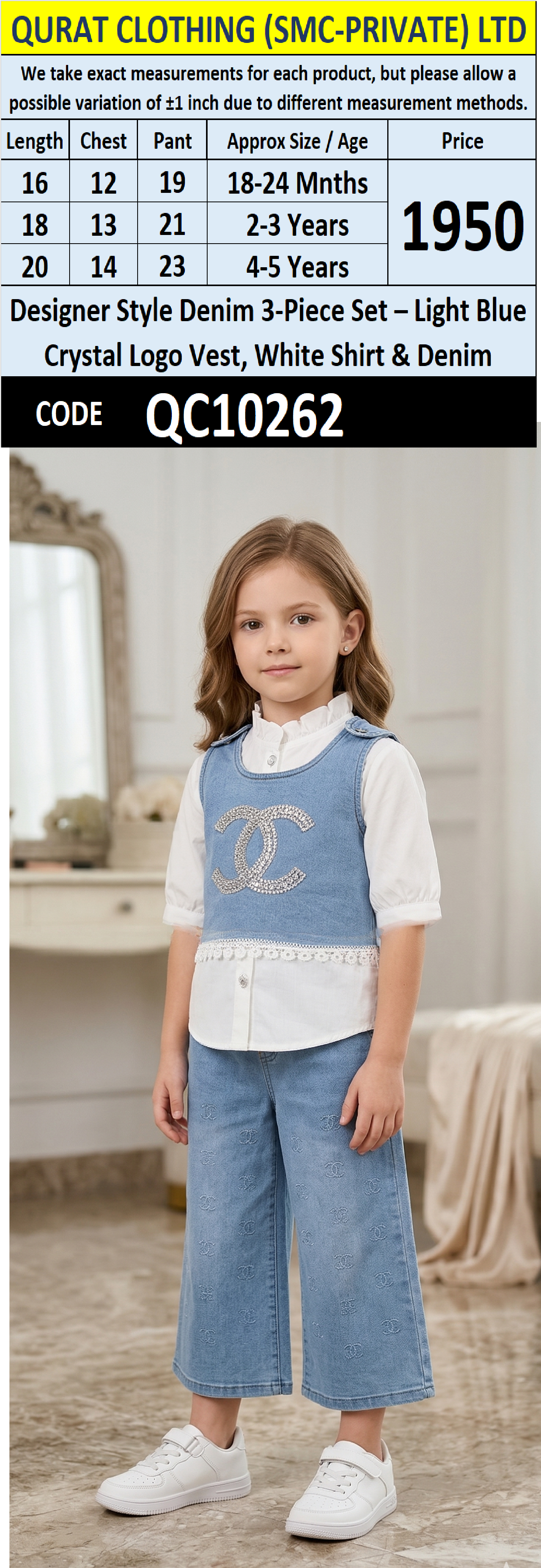 Designer Style Denim 3-Piece Set – Light Blue Crystal Logo Vest, White Shirt & Denim – QC10262 - QC10262