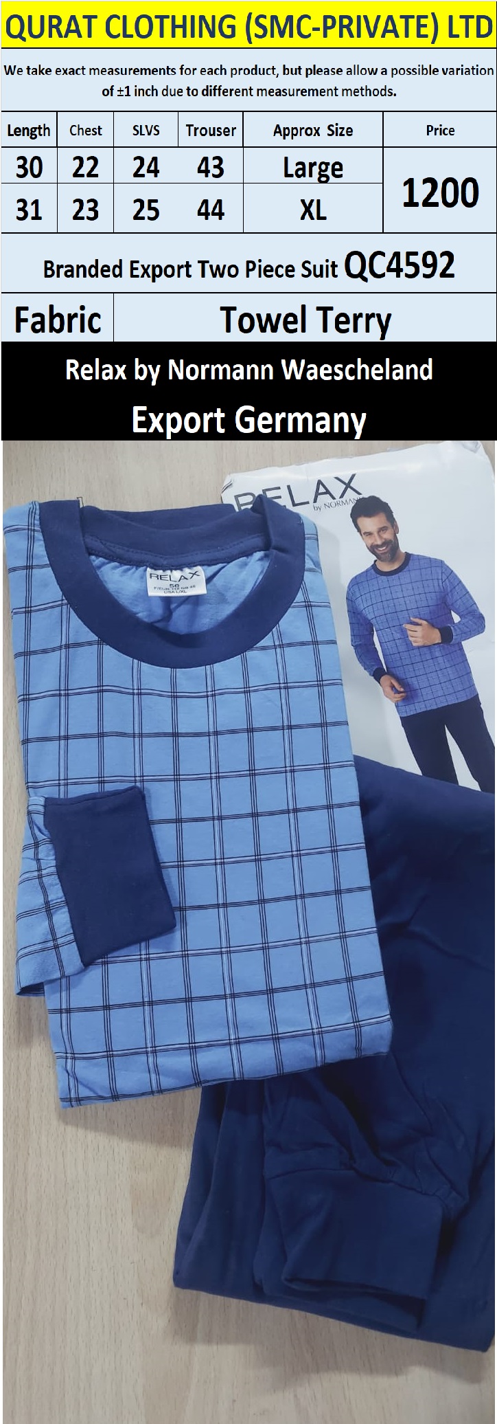 Relax by Normann Waescheland Branded Two Piece Suits QC4592 Export Germany