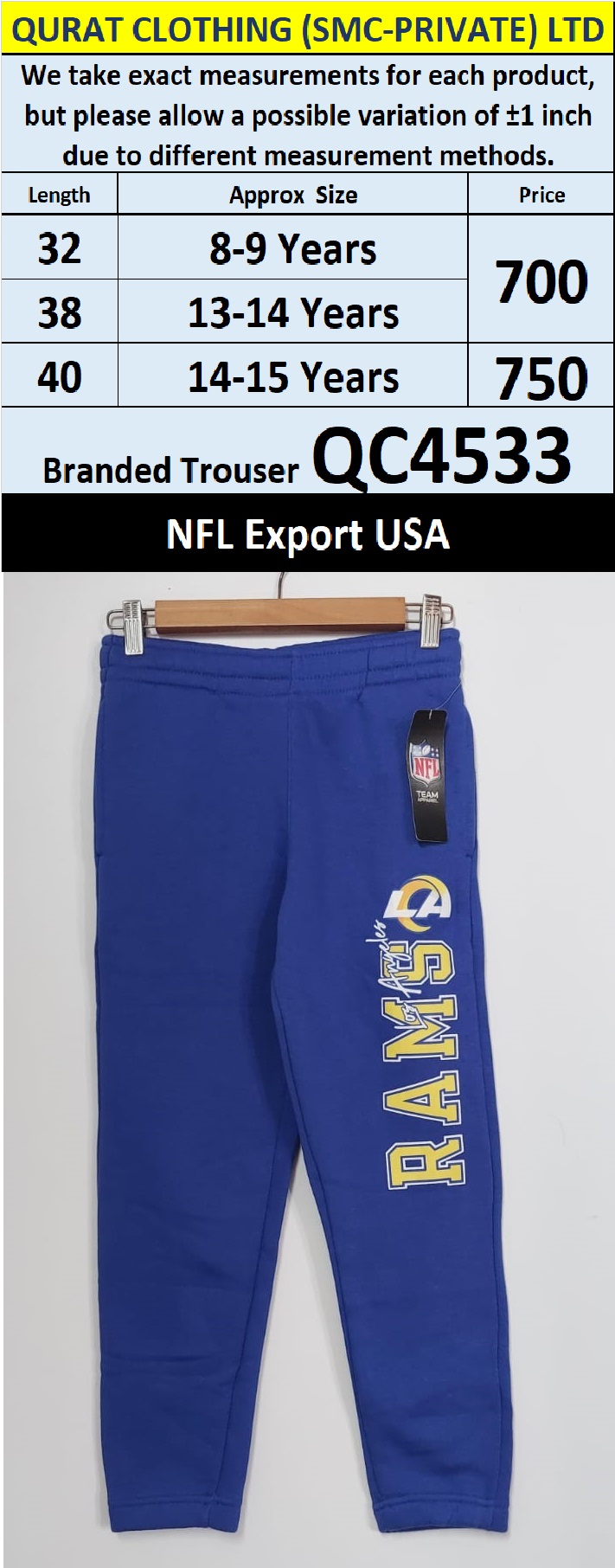 NFL Brand Fleece Trouser QC4533 Export Miami - USA