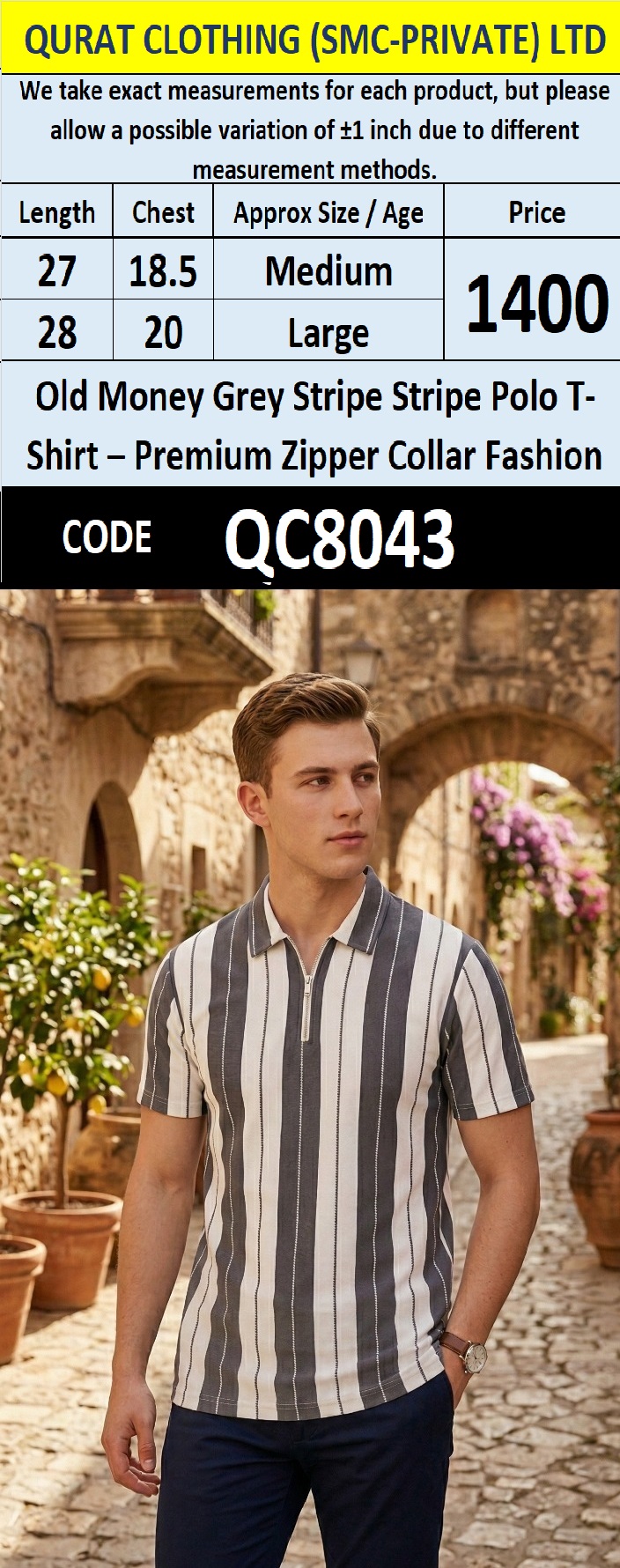 Old Money Grey Stripe Stripe Polo T-Shirt – Premium Zipper Collar Fashion QC8043 - QC8043