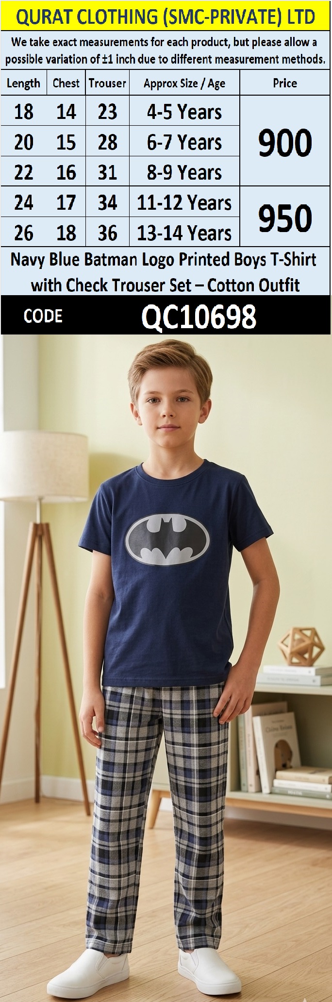 Navy Blue Batman Logo Printed Boys T-Shirt with Check Trouser Set – Cotton Outfit QC10698