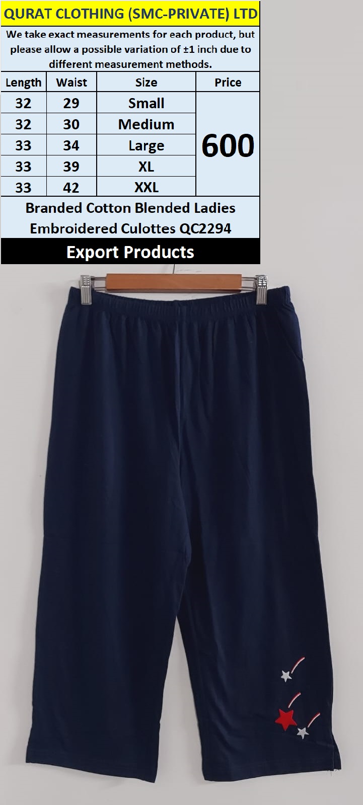 Branded Cotton Blended Ladies Embroidered Culottes QC2294 - Export Product 