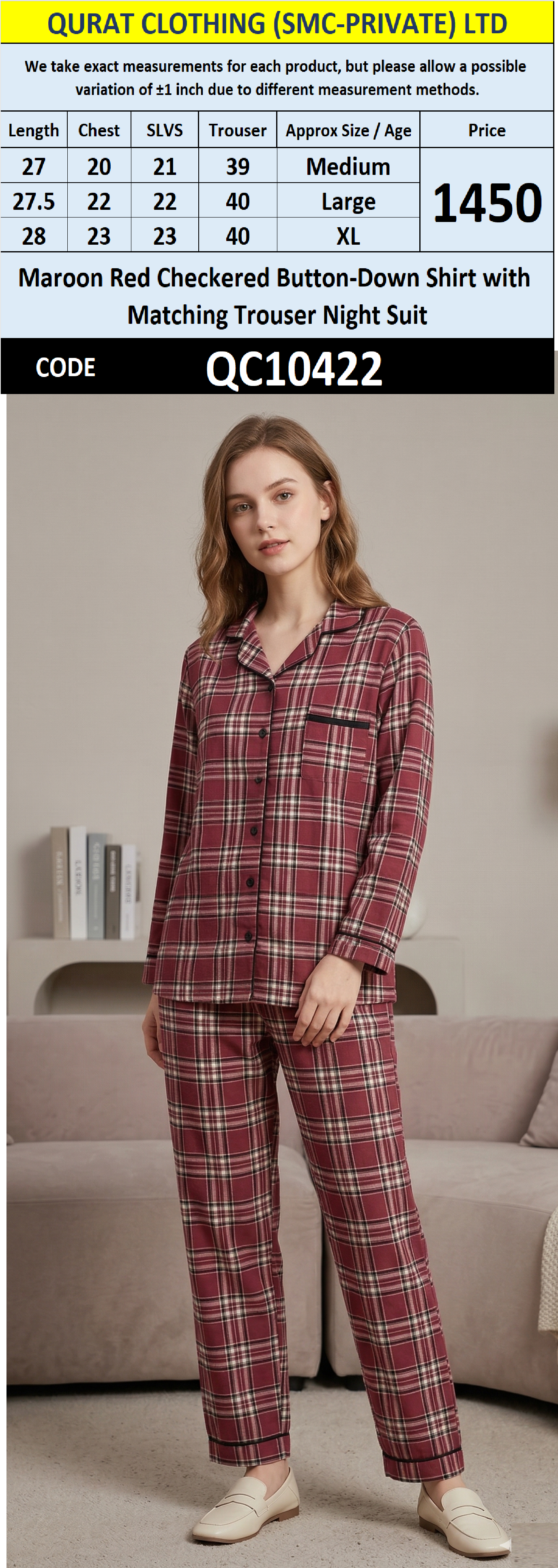 Maroon Red Checkered Button-Down Shirt with Matching Trouser Night Suit QC10422 - QC10422