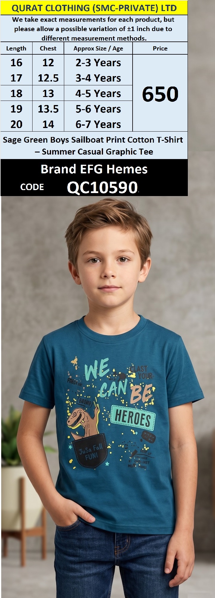 Sage Green Boys Sailboat Print Cotton T-Shirt – Summer Casual Graphic Tee QC10590
