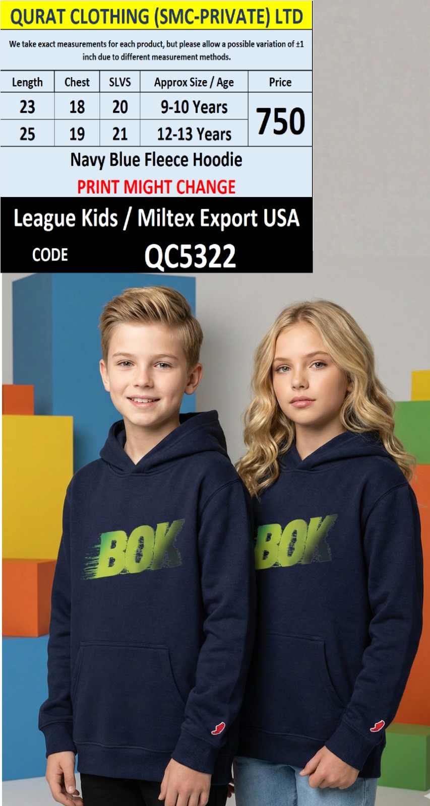 Navy Blue Fleece Pullover Hoodie BOK Print Kids QC5322