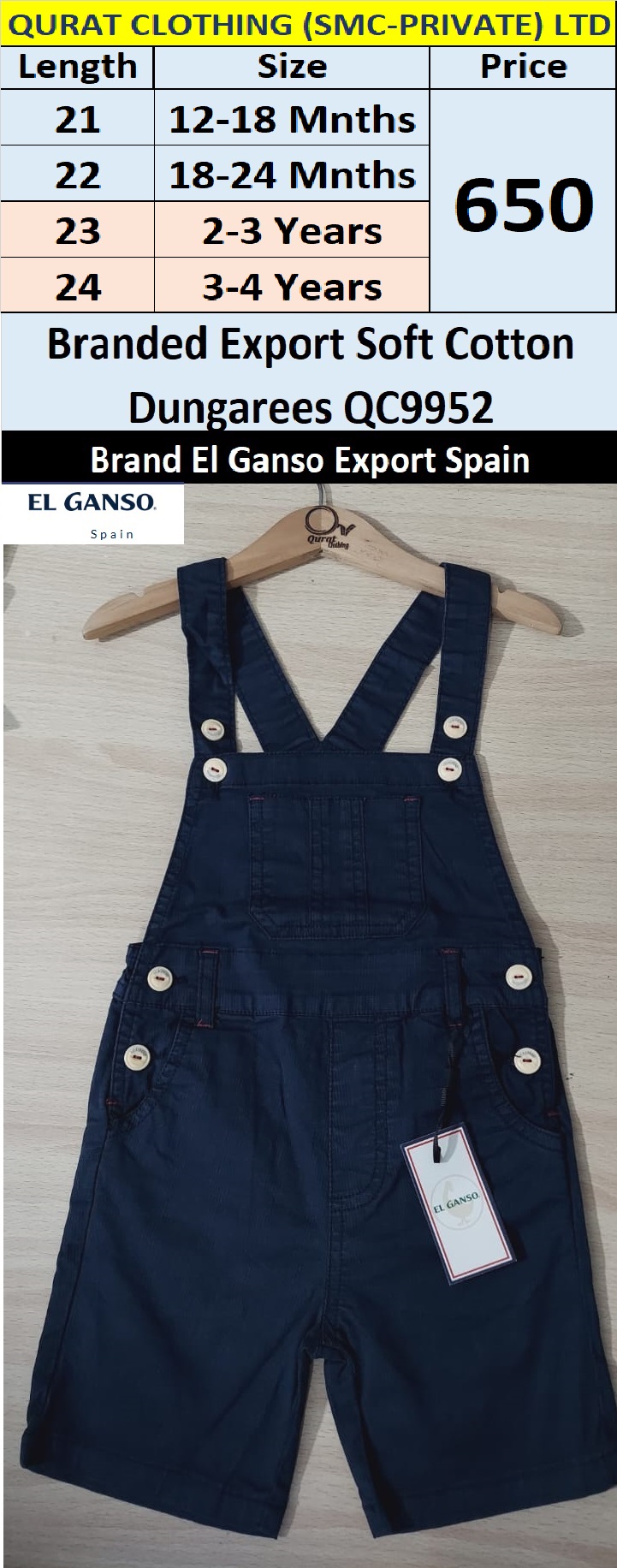 Unisex Branded Export Soft Cotton Dungaree / Romper QC9952 Brand El Ganso