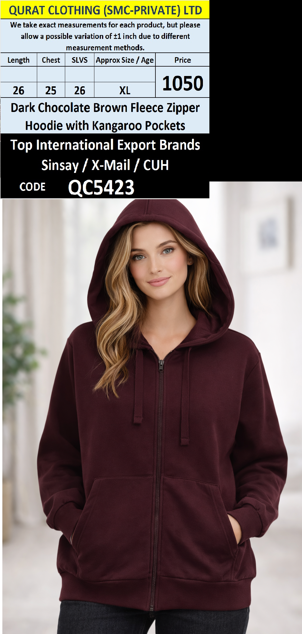 Dark Chocolate Brown Fleece Zipper Hoodie with Kangaroo Pockets - QC5423