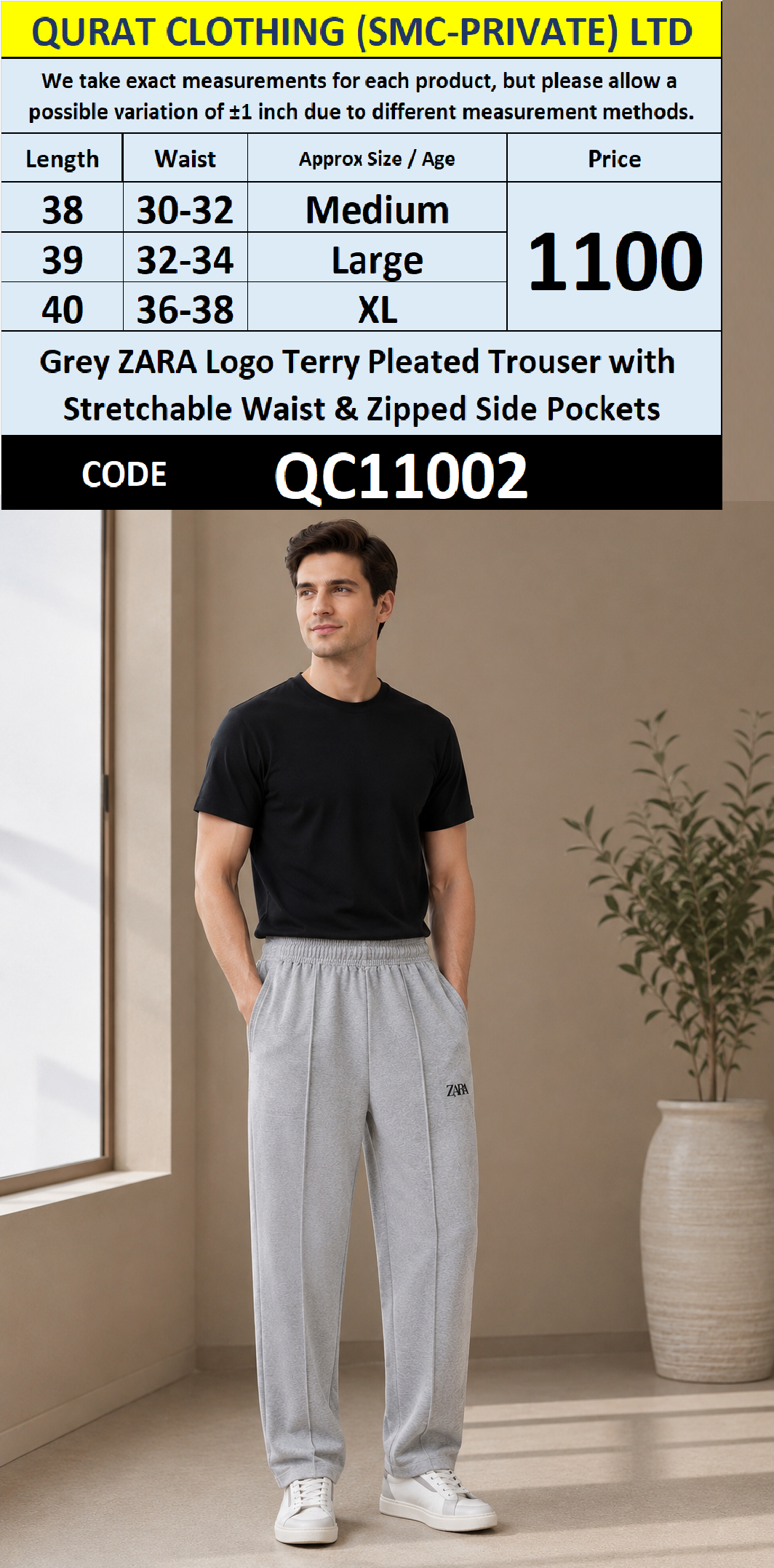 Grey ZARA Logo Terry Pleated Trouser with Stretchable Waist & Zipped Side Pockets – QC11002