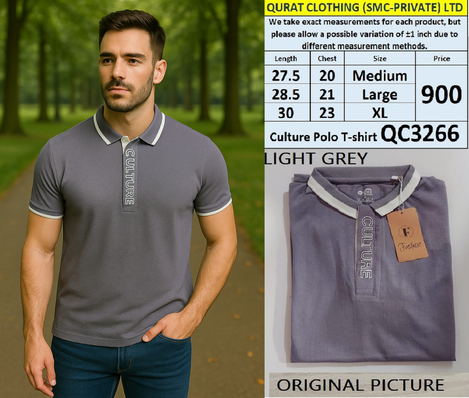Light Grey Stylish Culture Polo T-shirt QC3266