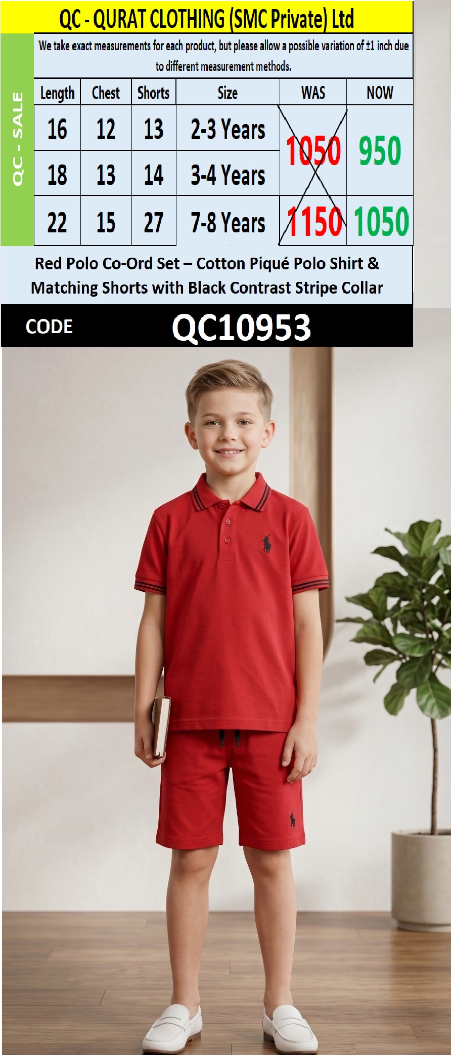 Red Polo Co-Ord Set – Cotton Piqué Polo Shirt & Matching Shorts with Black Contrast Stripe Collar QC10953