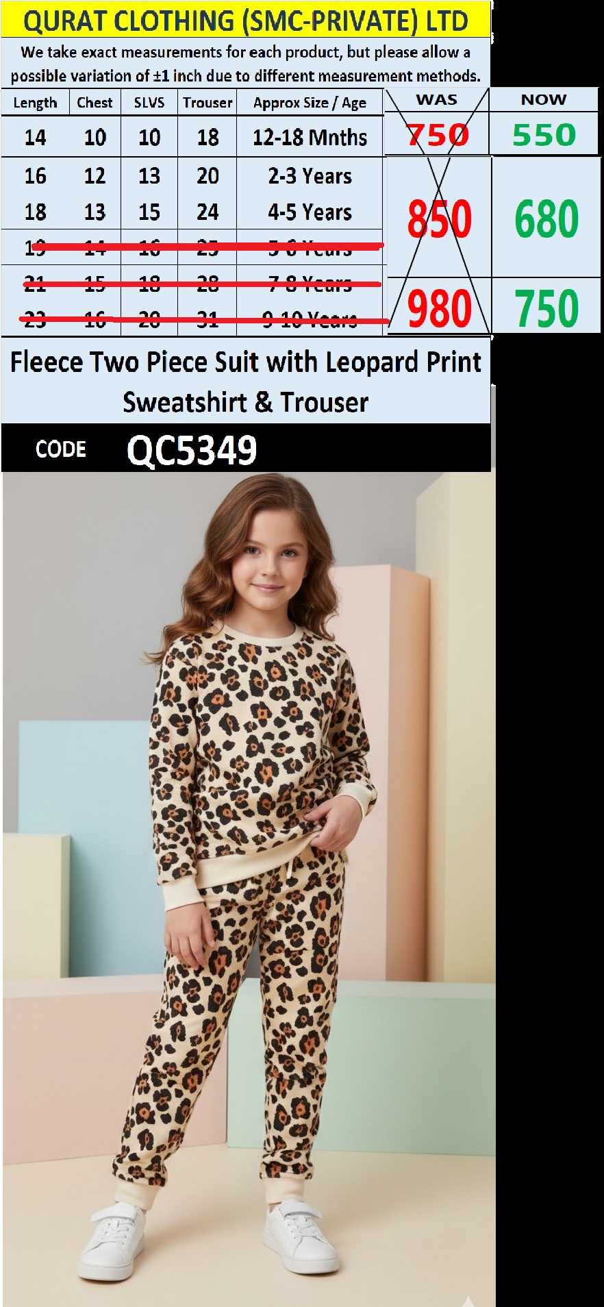 Kids Fleece Two Piece Suit with Leopard Print Sweatshirt & Trouser QC5349