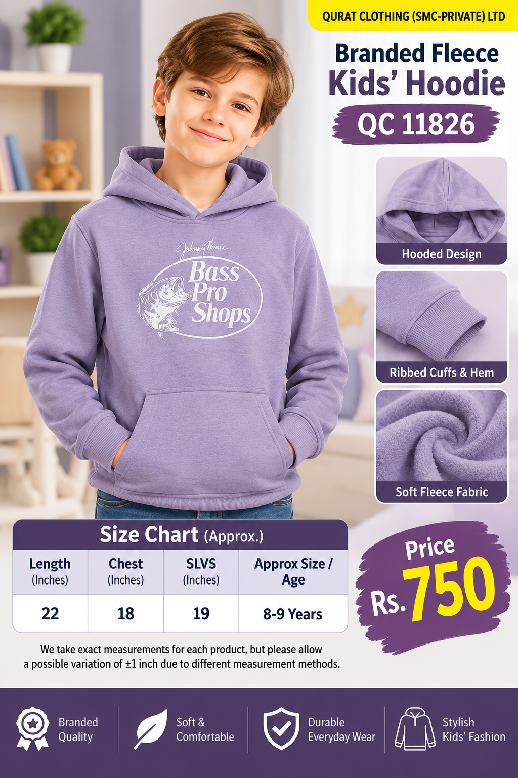 Bass Pro Shops Branded Lavender Purple Fleece Hoodie with white Johnny Morris Bass Pro Shops fish graphic and kangaroo pocket — QC11826