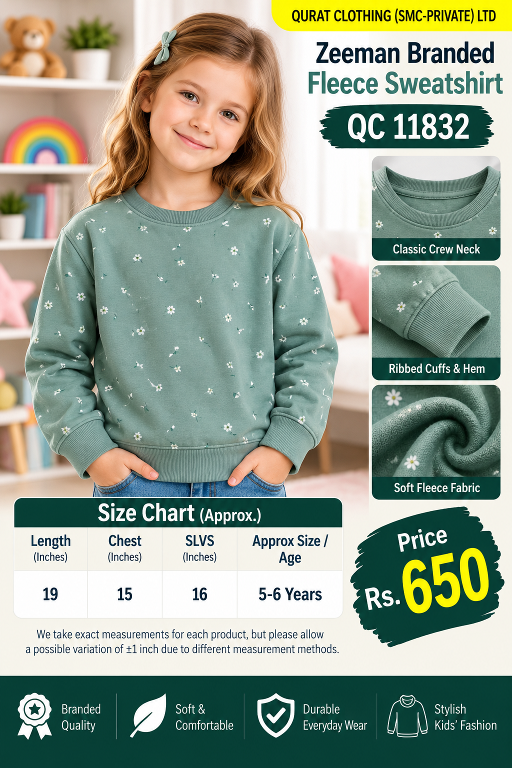 Zeeman Branded Sage Green Fleece Sweatshirt with small white floral print — QC11832
