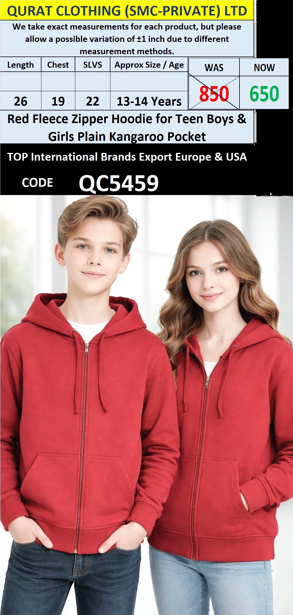 Red Fleece Zipper Hoodie Plain Design with Kangaroo Pocket for Teen Boys & Girls – QC5459