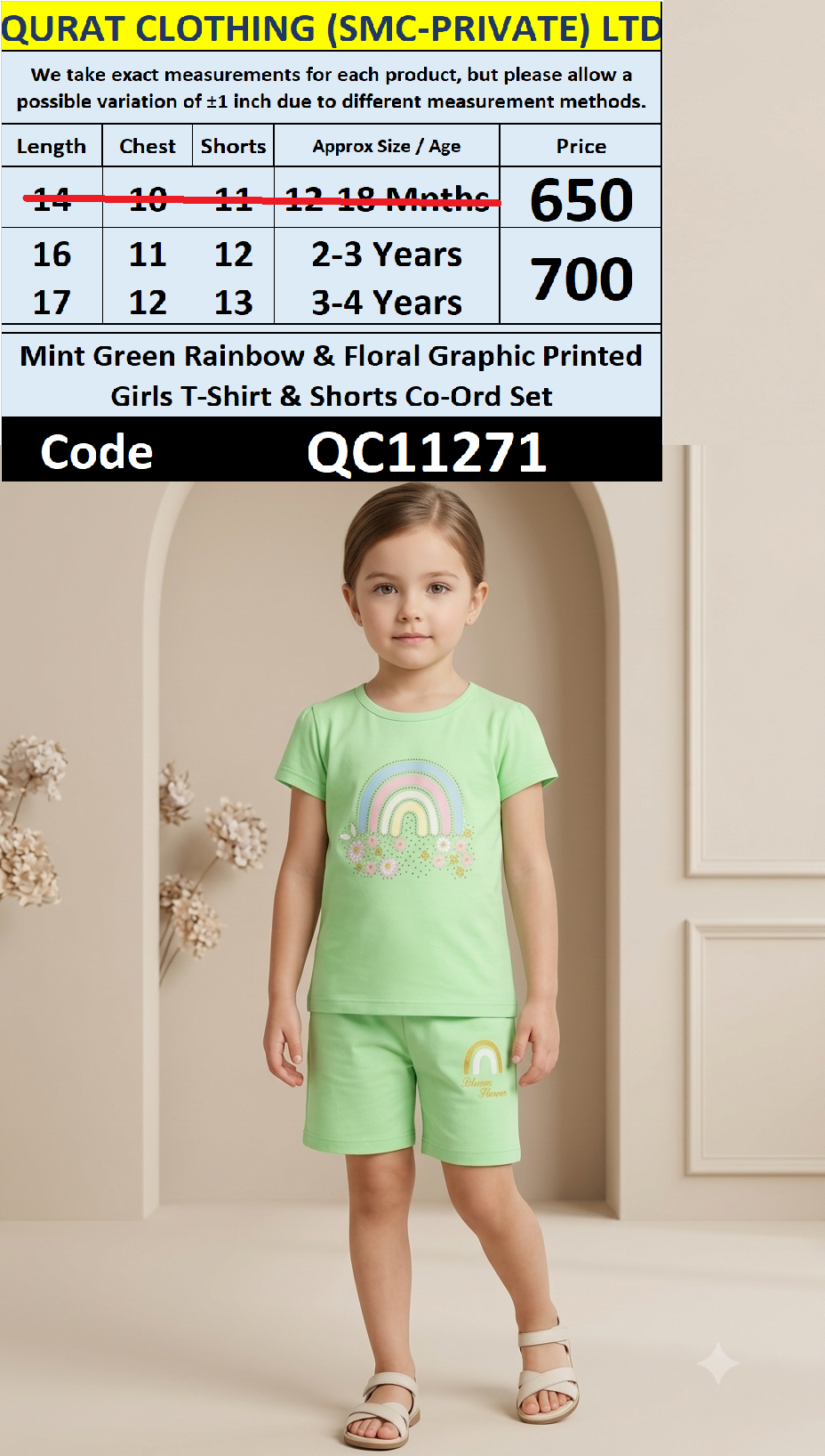 Mint Green Rainbow & Flowers Graphic Girls T-Shirt & Shorts Set QC11271