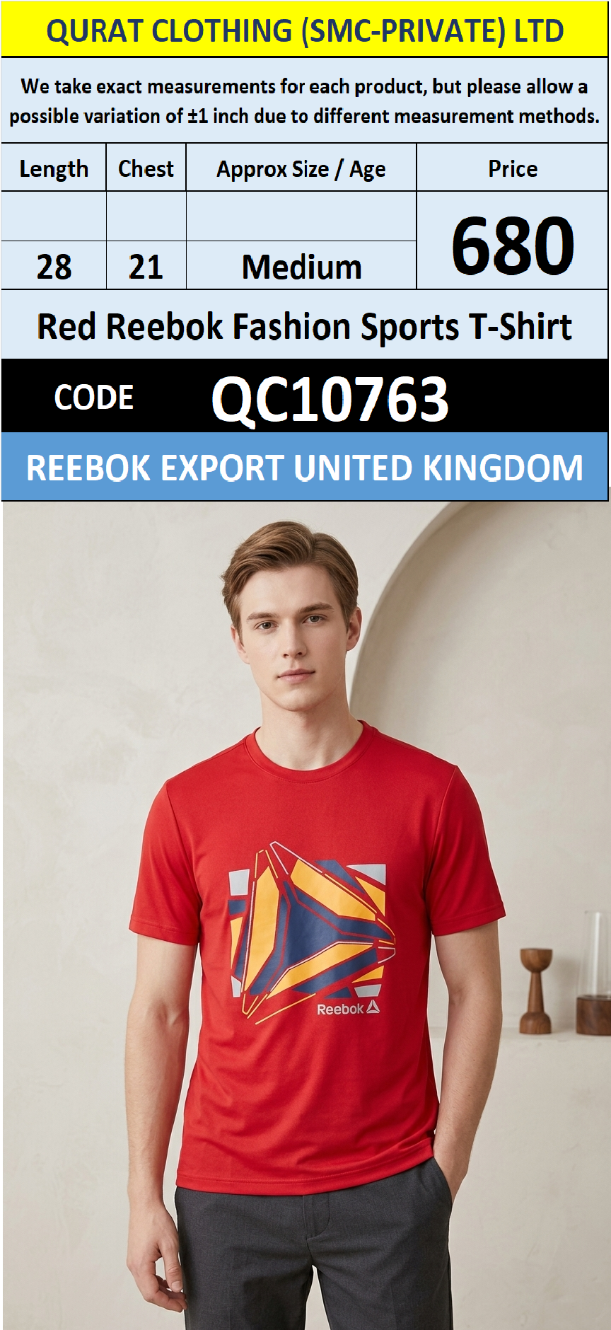 Red Reebok Fashion Sports T-Shirt QC10763 Export United Kingdom