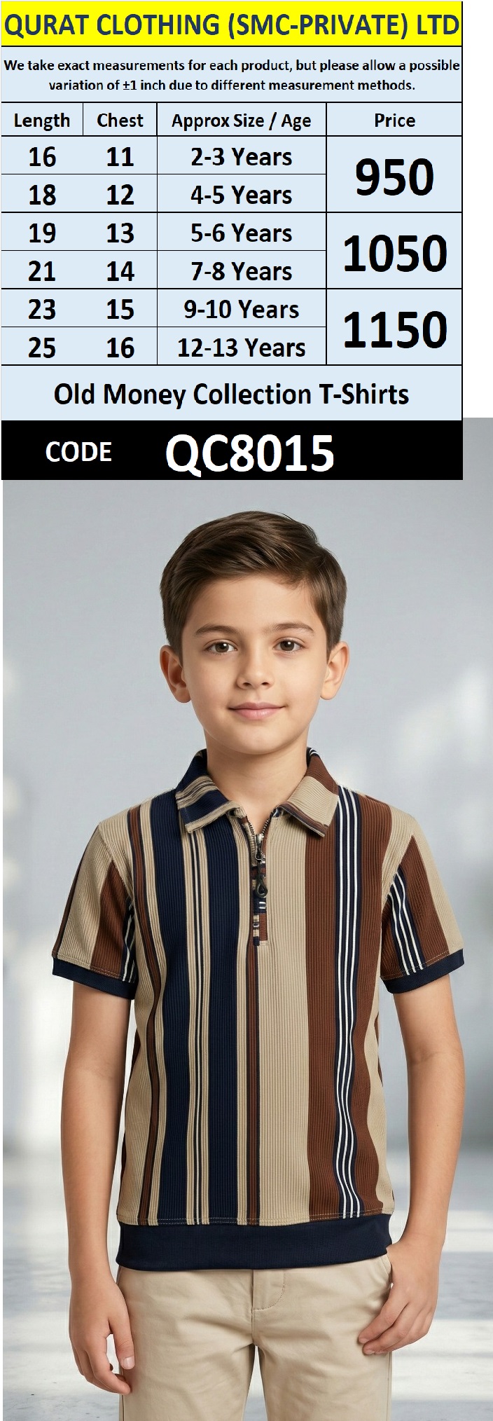 Old Money Beige Brown & Navy Ribbed Half-Zip Polo T-Shirt with Multi Vertical Stripe Design QC8015