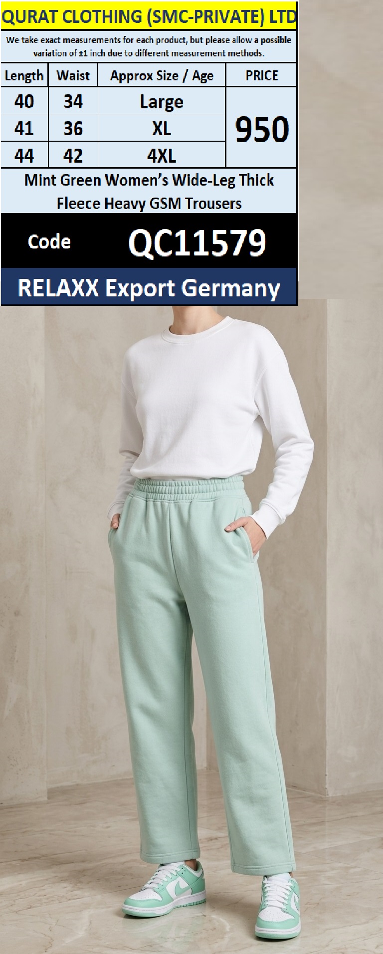 Mint Green Women’s Wide-Leg Thick Fleece Heavy GSM Trousers – RELAXX Export Germany – QC11579