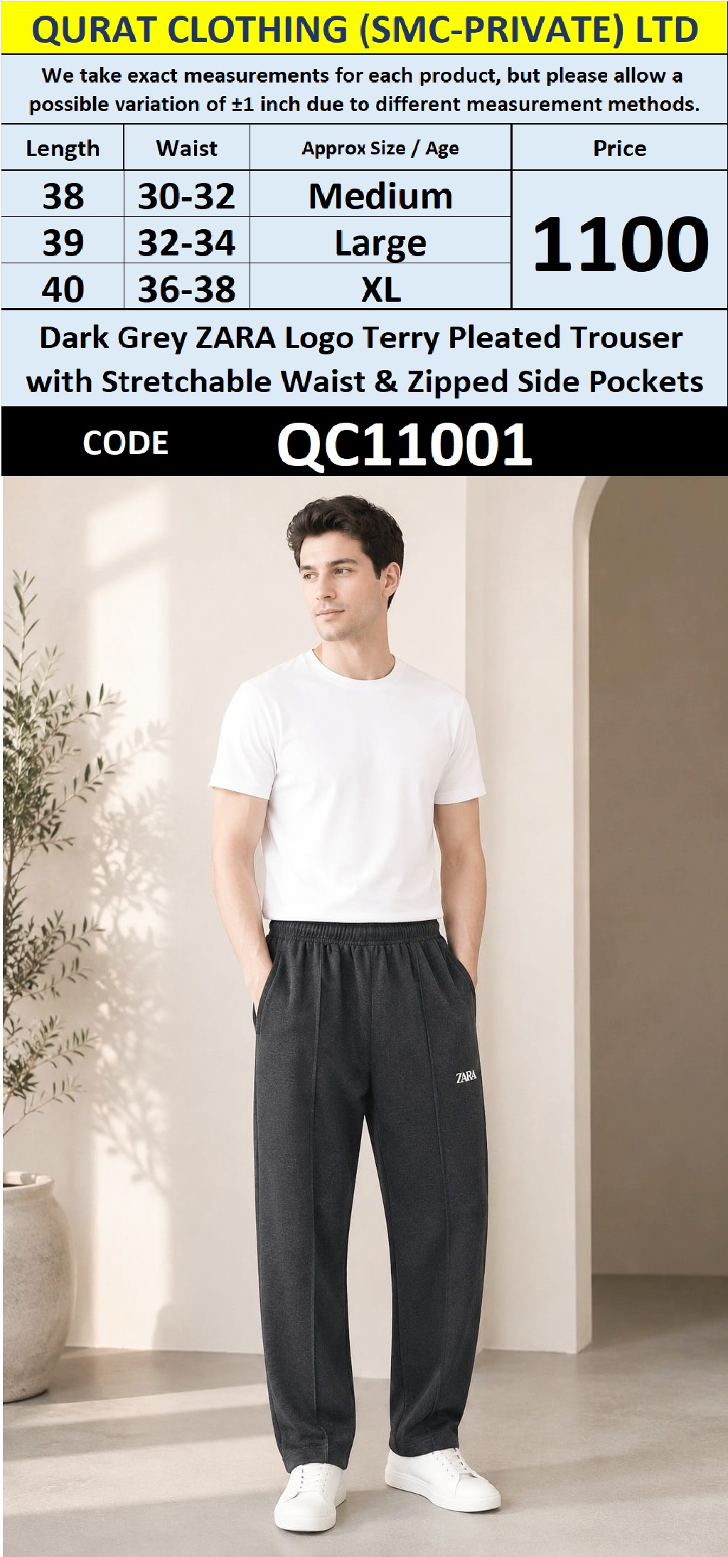 Dark Grey ZARA Logo Terry Pleated Trouser with Stretchable Waist & Zipped Side Pockets – QC11001