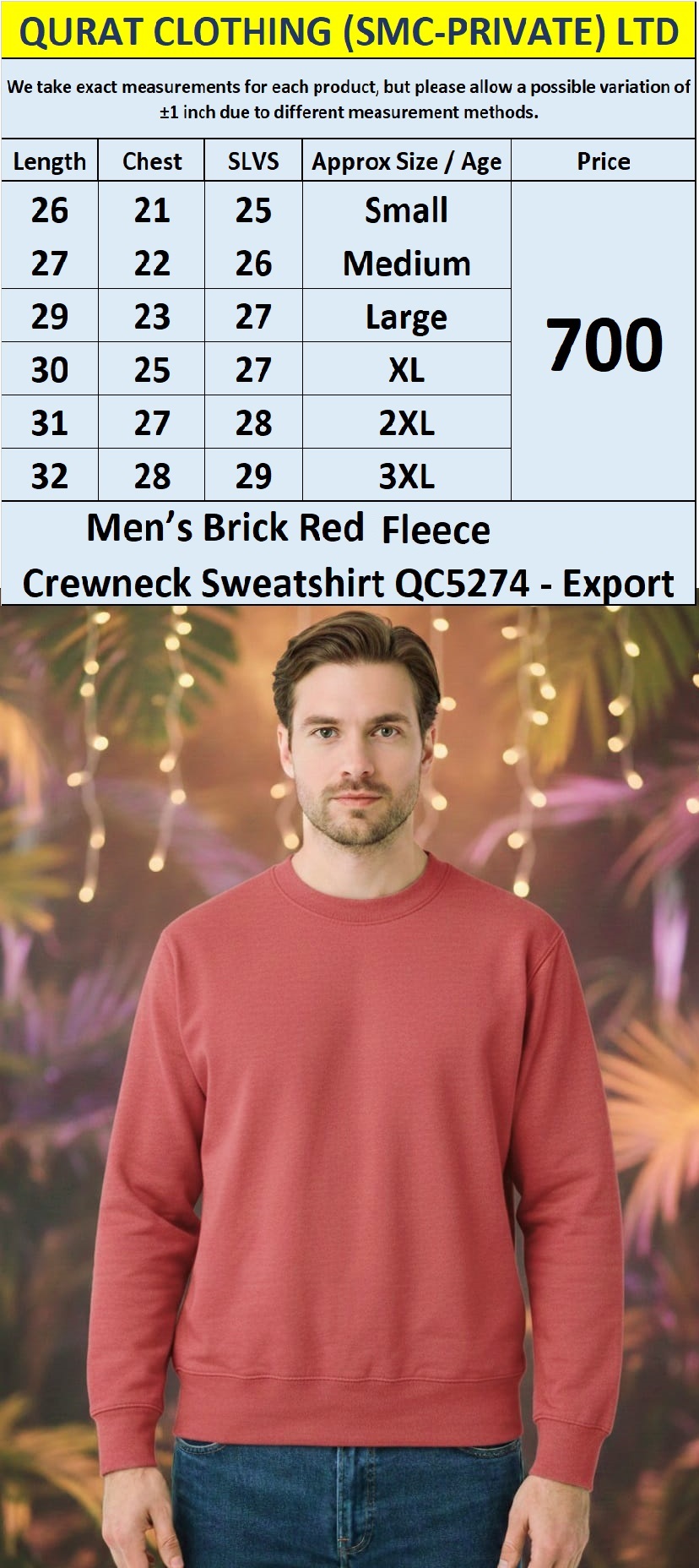 Men’s Brick Red Fleece Crewneck Sweatshirt QC5274 – Export Leftover