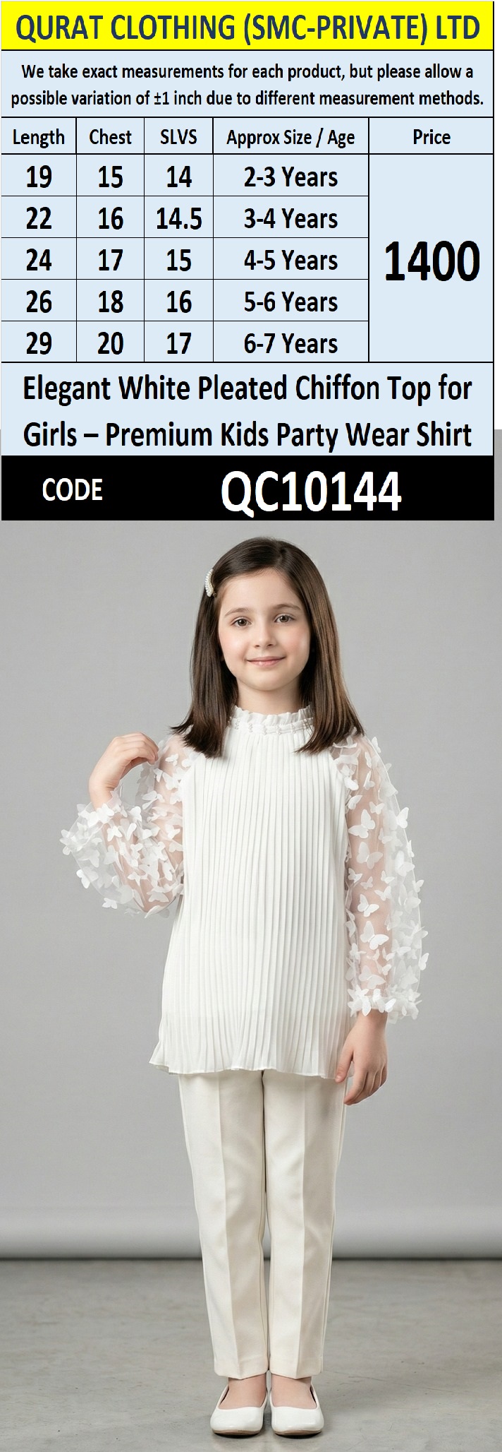 Elegant White Pleated Chiffon Top for Girls – Premium Kids Party Wear Shirt QC10144 - QC10144