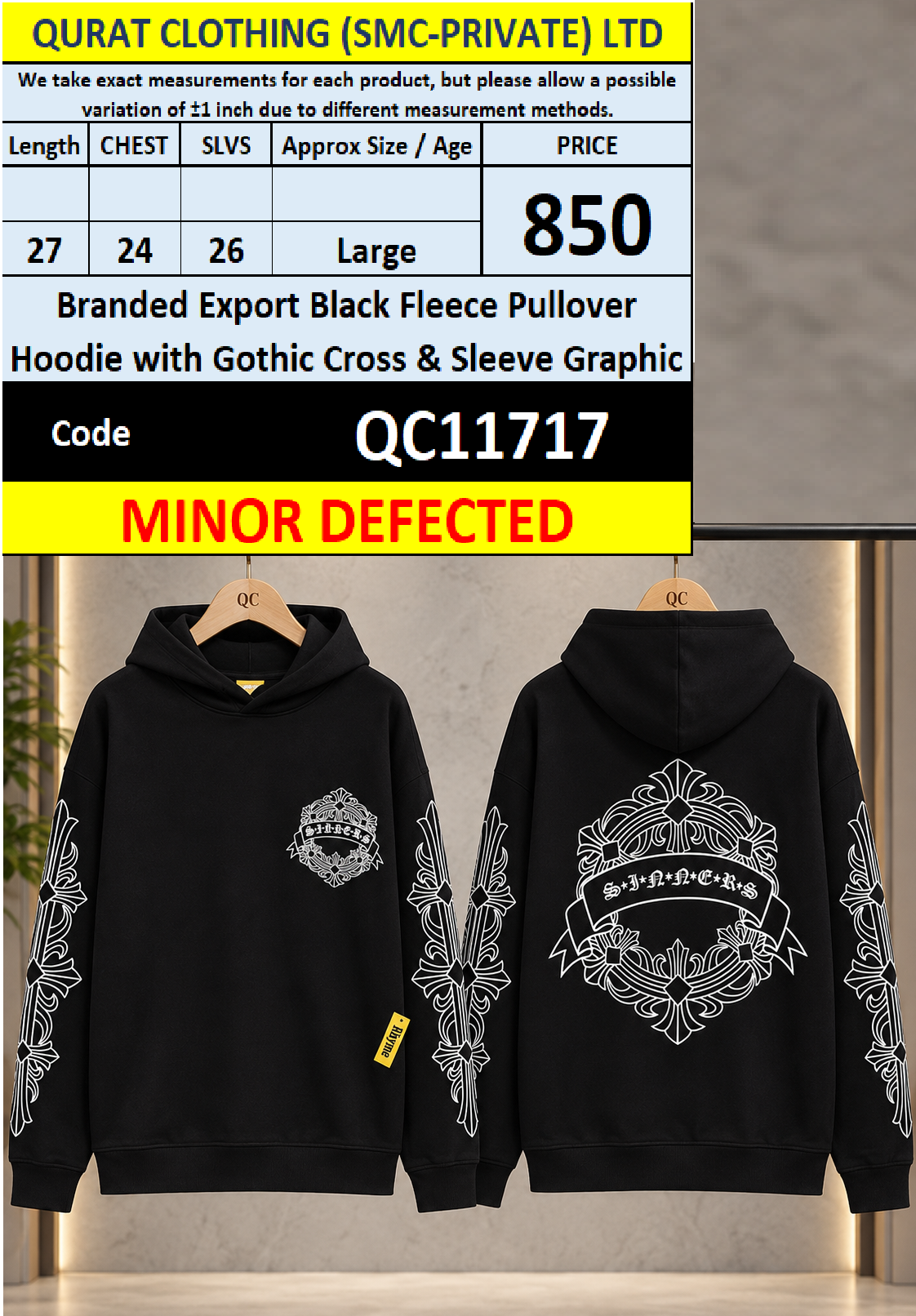 Minor Defected Branded Export Black Gothic Cross Graphic Fleece Pullover Hoodie QC11717