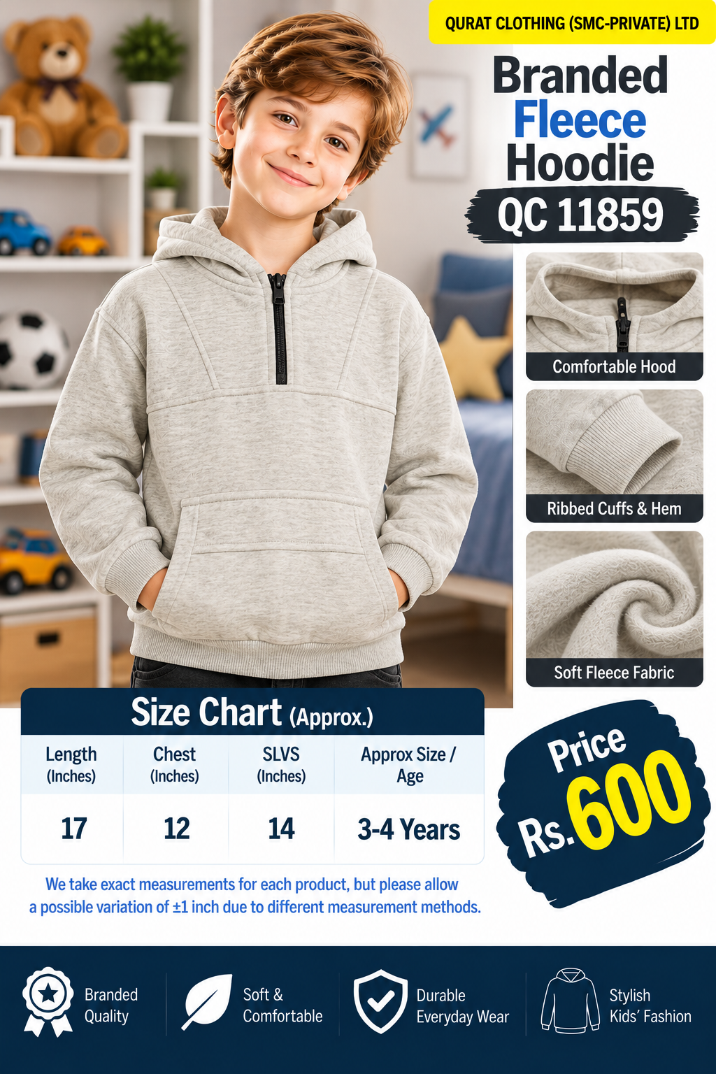 Branded oatmeal marl fleece hoodie with short black zipper and front pocket — QC11859