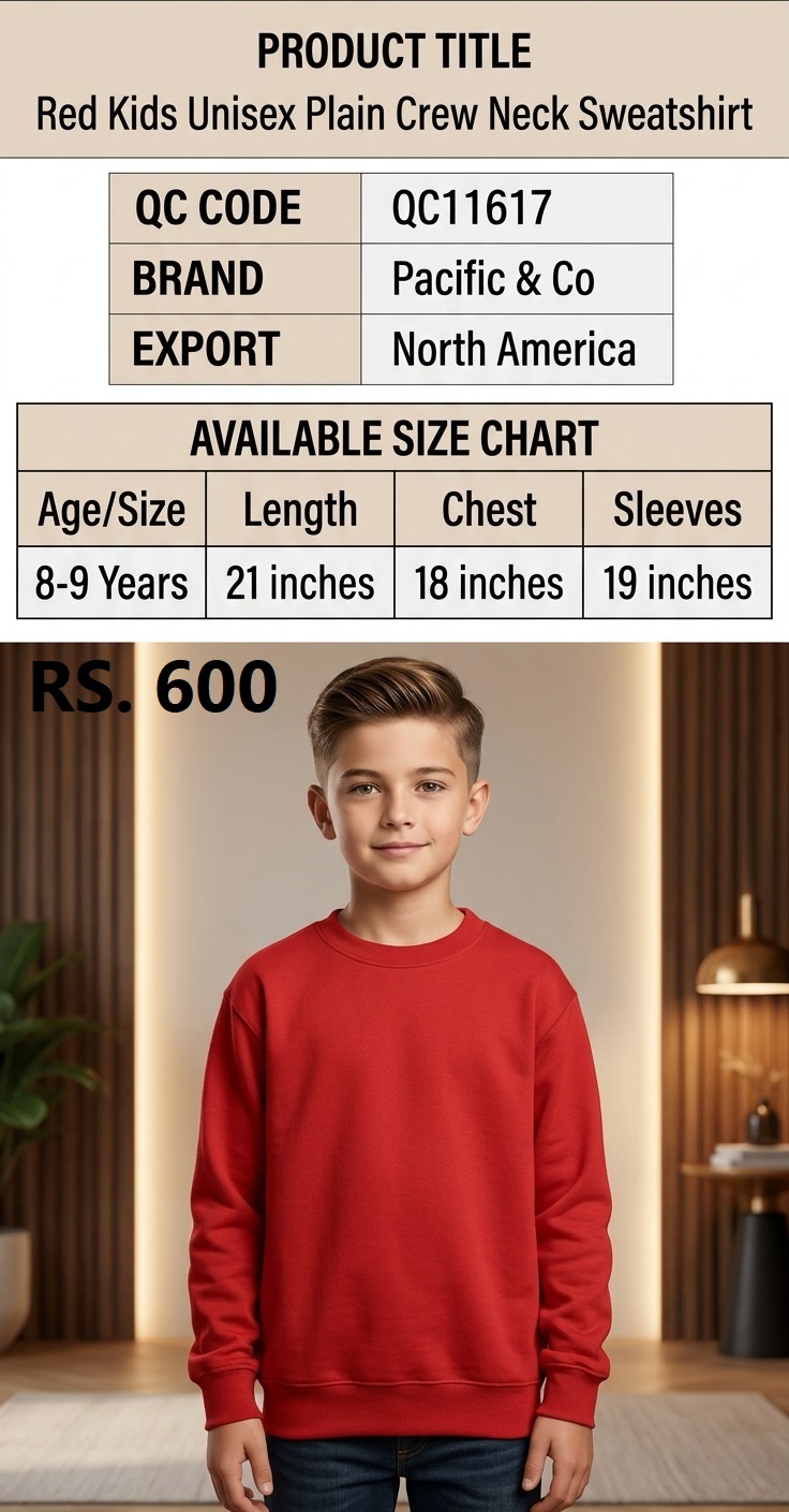Pacific & Co Red Kids Unisex Plain Crew Neck Sweatshirt – Export North America – QC11617
