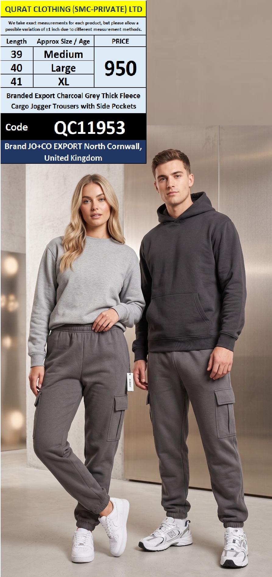 JO+CO Export United Kingdom Branded Export Charcoal Grey Thick Fleece Cargo Jogger Trousers with Side Pockets – QC11953