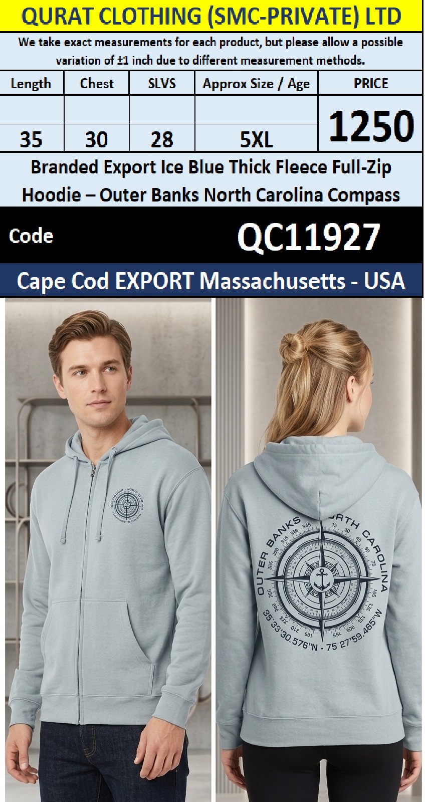 Branded Export Ice Blue Thick Fleece Full-Zip Hoodie – Outer Banks North Carolina Compass – Cape Cod Massachusetts USA – QC11927