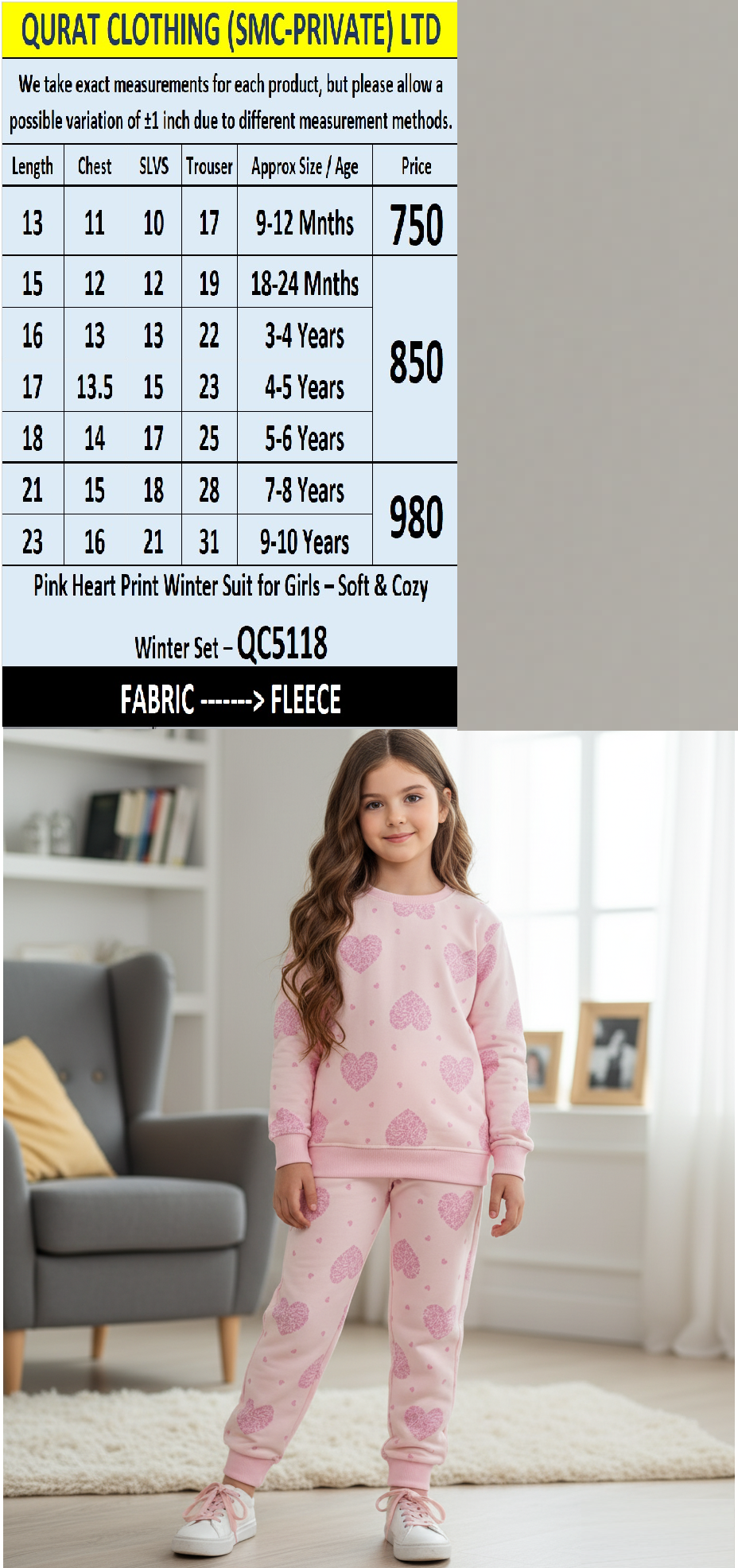 Pink Heart Print Soft Fleece Winter Suit for Girls – QC5118