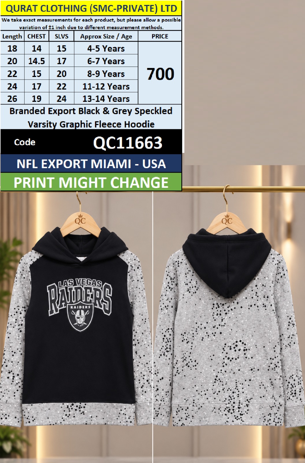 Branded Export Black & Grey Speckled Varsity Graphic Fleece Hoodie – NFL Export Miami USA QC11663