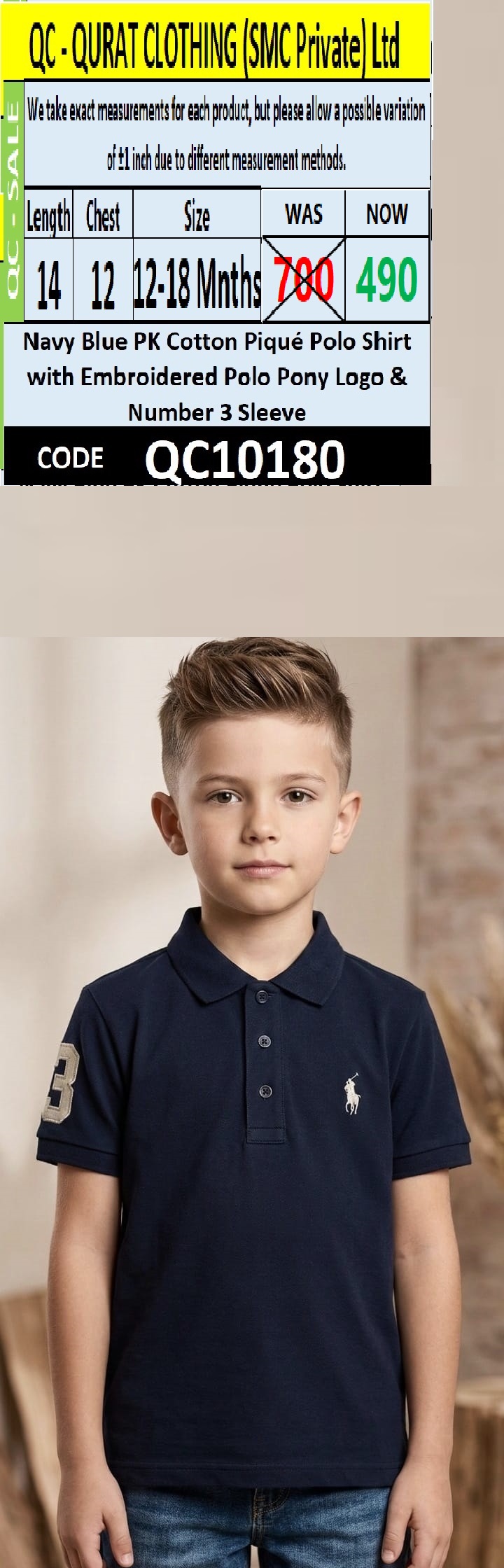 Navy Blue PK Cotton Piqué Polo Shirt with Embroidered Polo Pony Logo & Number 3 Sleeve – QC10180