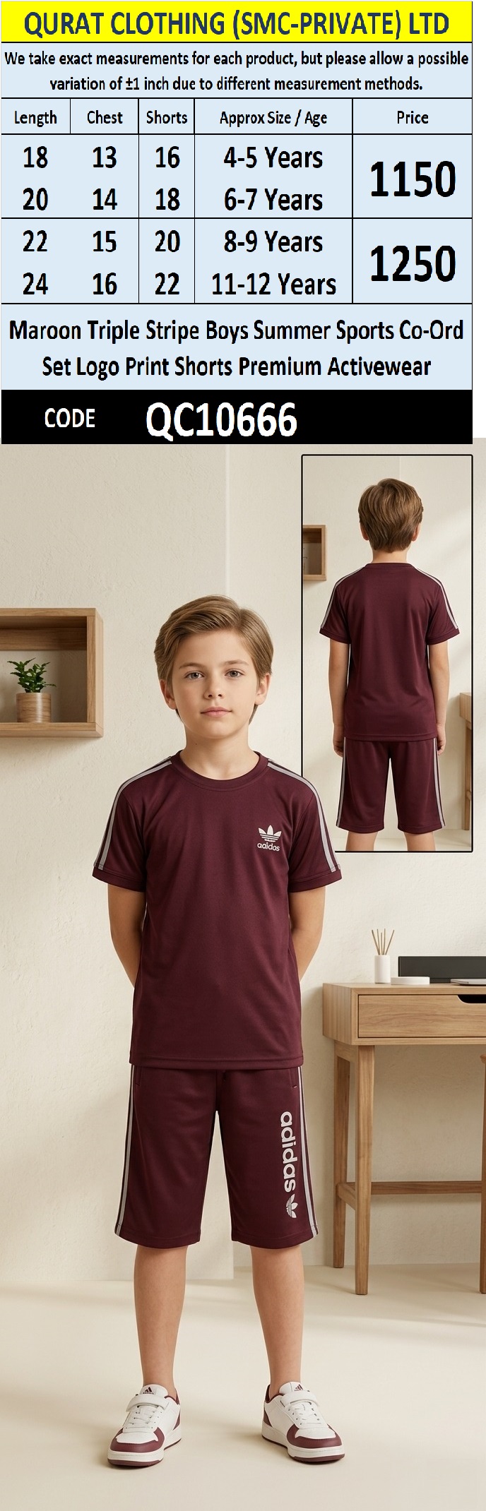 Maroon Triple Stripe Boys Summer Sports Co-Ord Set Logo Print Shorts Premium Activewear QC10666