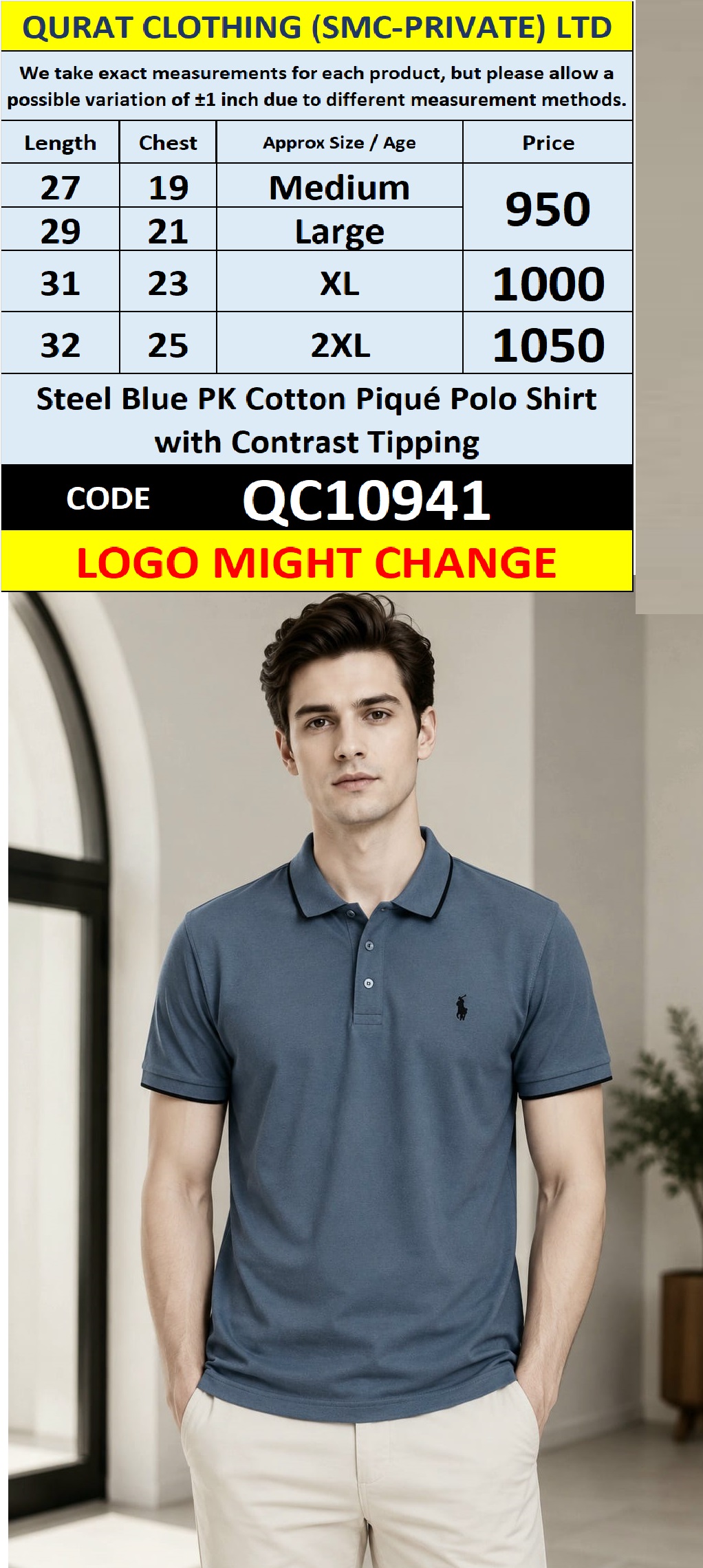 Steel Blue PK Cotton Piqué Polo Shirt with Contrast Tipping – QC10941
