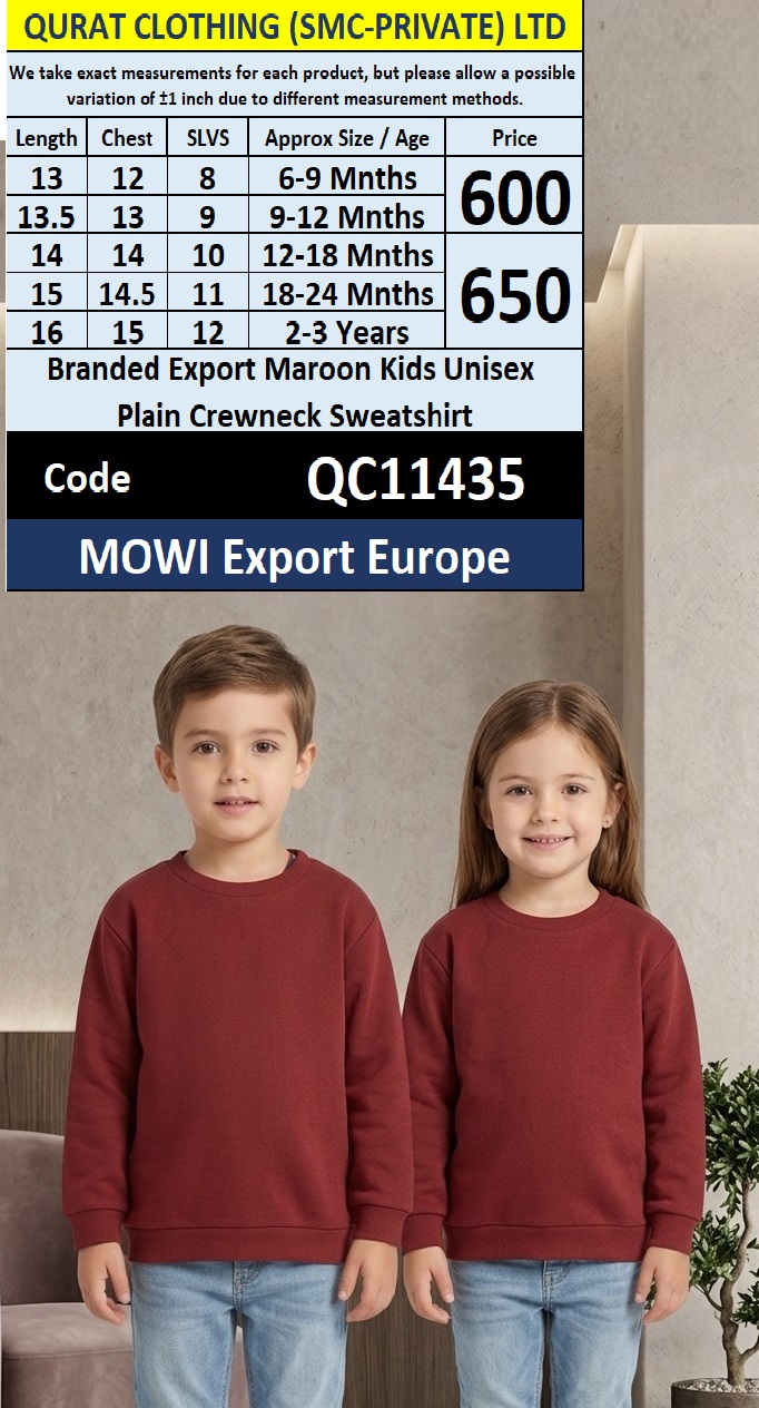 MOWI Export Europe Branded Maroon Kids Unisex Plain Crewneck Sweatshirt – QC11435