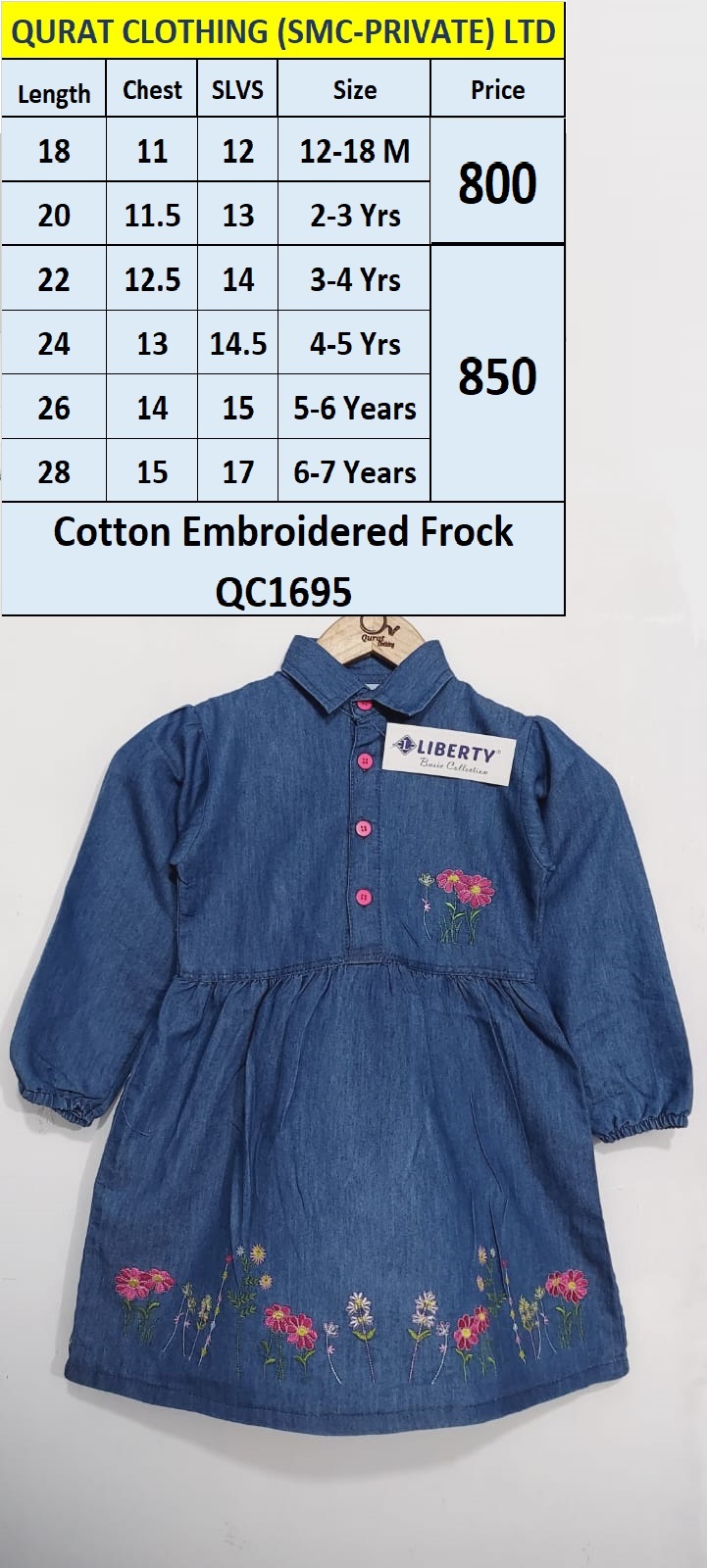 Light Blue Cotton Embroidered Frock QC1695