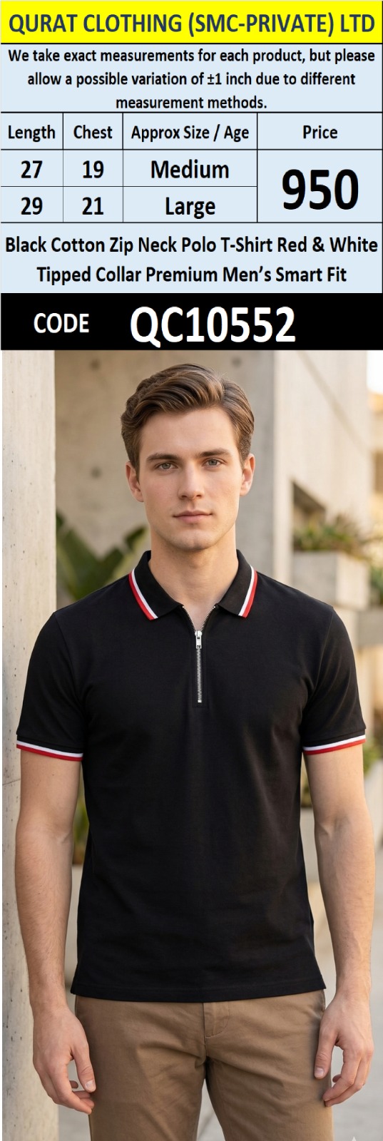 Black Cotton Zip Neck Polo T-Shirt Red & White Tipped Collar Premium Men’s Smart Fit – QC10552