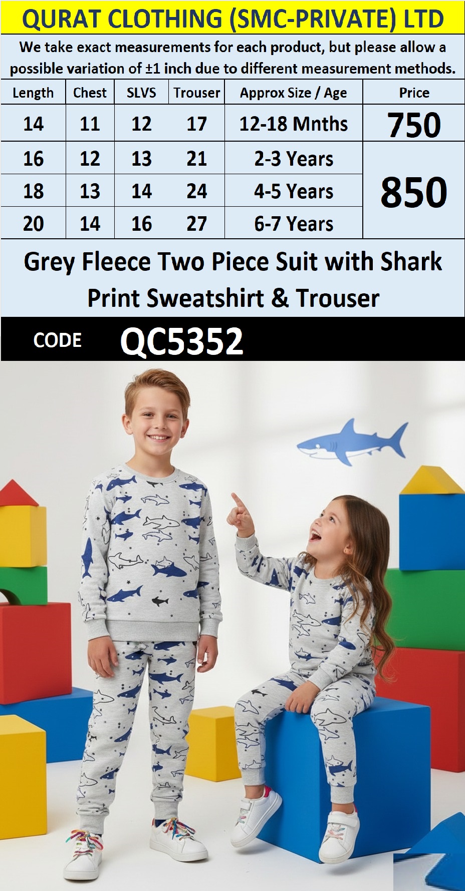 Grey Fleece Two Piece Suit Shark Print Sweatshirt & Trouser QC5352